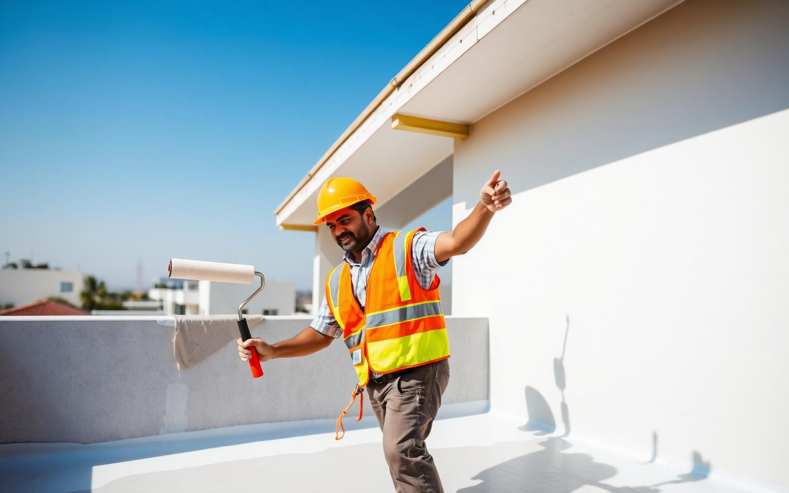 Waterproofing contractor applying coating on residential terrace in Hanamkonda